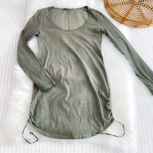 PAM & GELA Ruched Side Tie Bodycon Mini Dress Shirred Scoop Neck Cotton Olive - Picture 11 of 14